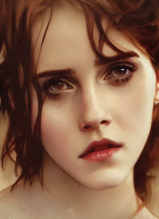 Image similar to oil painting of emma watson giving biting her lip seductive look. beautiful detailed face. by artgerm and greg rutkowski and alphonse mucha