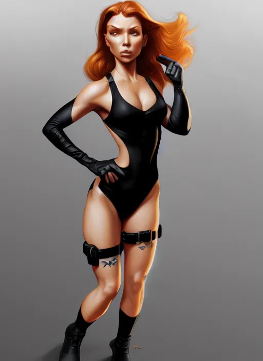 Prompt: kim possible in a black swimsuit, intricate, elegant, highly detailed, digital painting, artstation, concept art, smooth, sharp focus, illustration, art by artgerm and greg rutkowski, 8 k