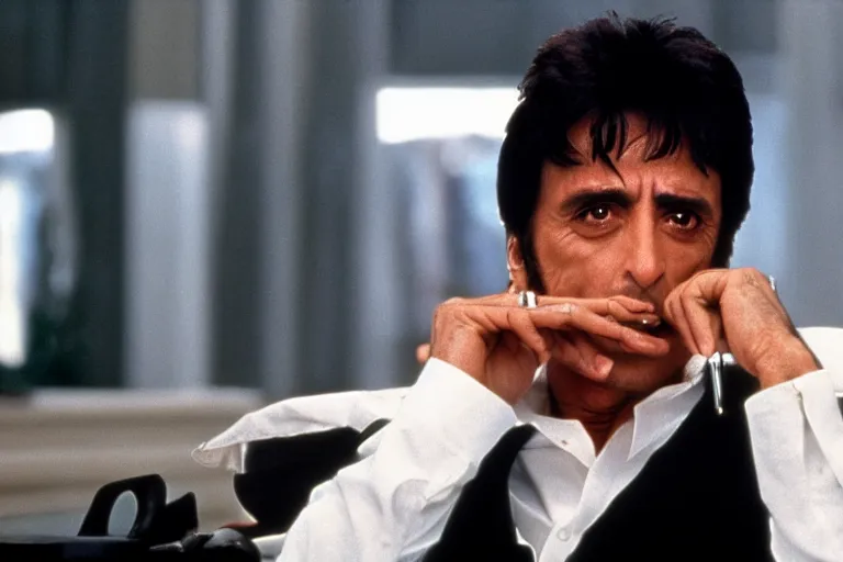 Image similar to tony montana from movie scarface 1 9 8 3 sitting behind a big black oak table with big large packages of flour and money. long shot. al pacino. perfect symmetric face, coherent eyes,, fine details, 4 k, ron cobb, cinestill