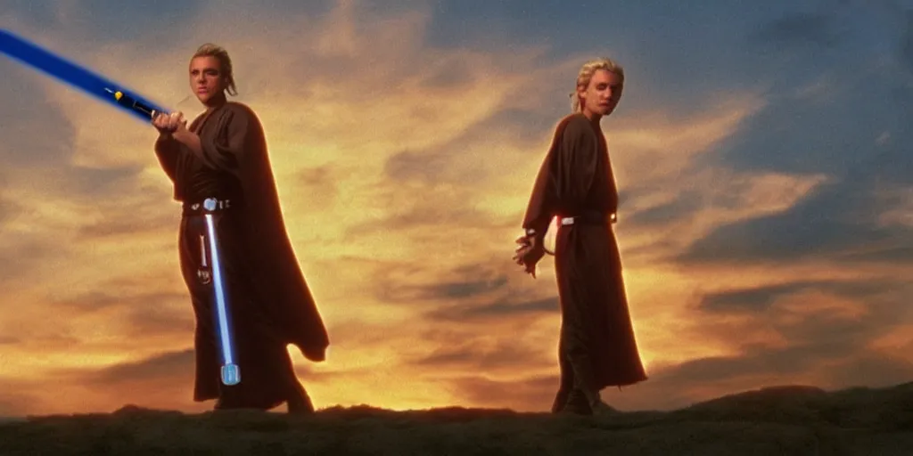 Prompt: !dream A full color still of a teenage blonde Jedi padawan holding the HILT of a lightsaber, at dusk!!!, at golden hour!!!, from The Phantom Menace, directed by Steven Spielberg, 1990