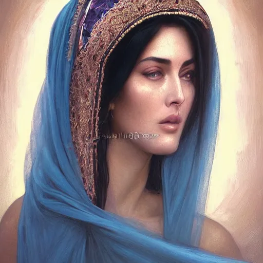 Image similar to Beautiful face Portrait of crying young arab Monica Bellucci, really big blue eyes, long wavy black hair, white veil, closeup, focus face, colored, middle eastern, dramatic lighting, intricate, wild, highly detailed, digital painting, artstation, concept art, smooth, sharp focus, illustration, art by artgerm and greg rutkowski and alphonse mucha, footage from space camera