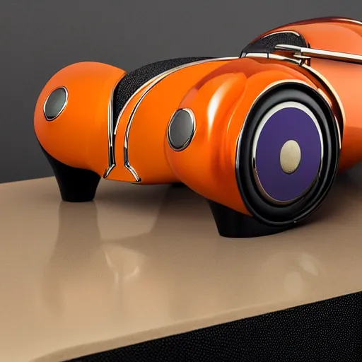 Image similar to award winning product photography, 3 5 mm lens, of a glossy orange metallic and shiny purple metallic shiny ergonomic virtual reality headset in style of a 1 9 3 6 bugatti type 5 7 sc, studio lighting,