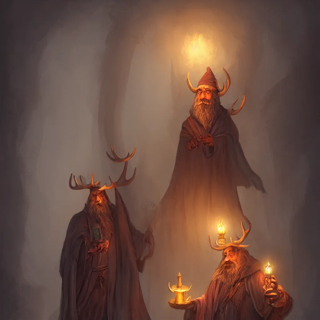 Image similar to character design portrait of a moose wizard with a long white beard in a magic cloak and magic hat, in the background an old attic full of magic scrolls and old books, matte painting, fantasy illustration, warm lantern light, dusty atmosphere