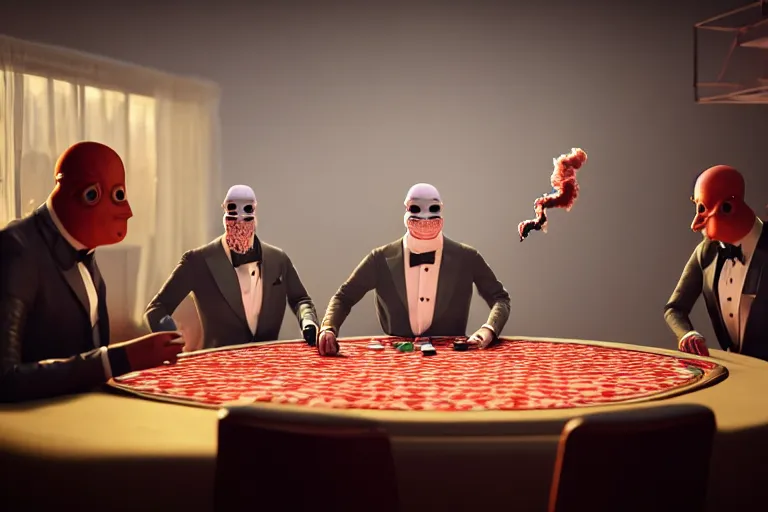 Image similar to hyperrealism simulation highly detailed human turtles'wearing detailed tuxedos and smoking, playing poker in hyperreilsm scene from cyberpunk movie from future by wes anderson and denis villeneuve and mike winkelmann rendered in blender and octane render