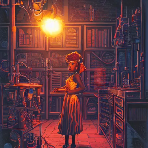 Prompt: a black girl in a steampunk alchemy lab with glowing bubbles of light by dan mumford, oil on canvas