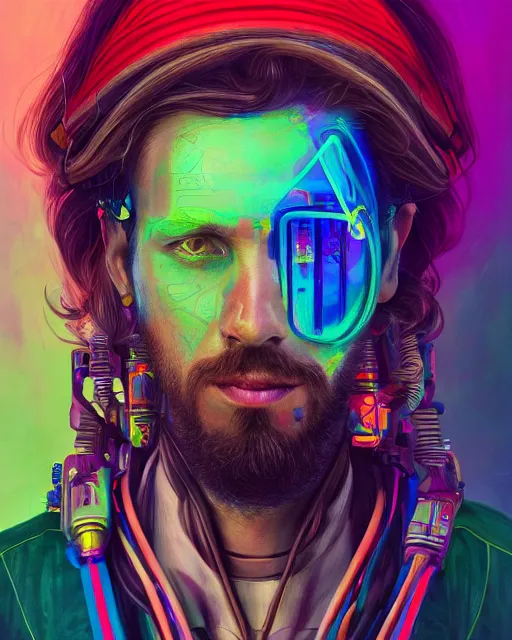 Image similar to colorful portrait of a male hippie with cybernetics, but set in the future 2 1 5 0 | highly detailed | very intricate | symmetrical | professional model | cinematic lighting | award - winning | painted by mandy jurgens | pan futurism, dystopian, bold psychedelic colors, cyberpunk, anime aesthestic | featured on artstation