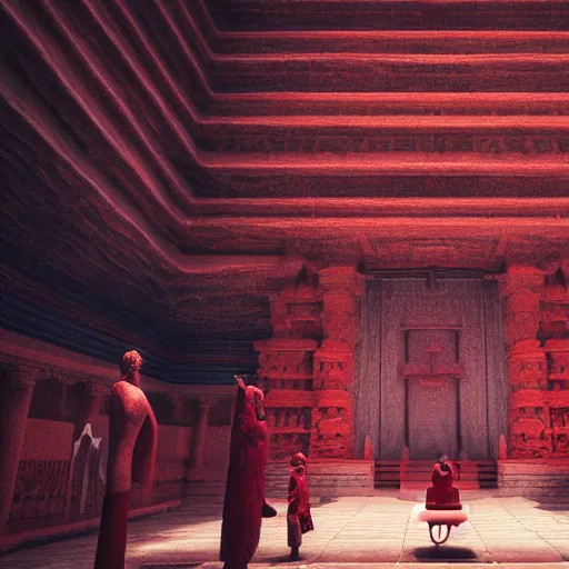 Prompt: a gigantic and minimalistic temple, soft red tone colors, where everyone is an npc, frozen in motion, high detail, artwork, filmgrain, soft tones, soft lighting