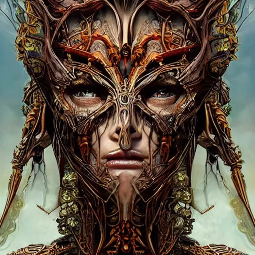 Image similar to Elden Ring themed painting of hybrid majestic aztec warrior princess fantasy biomechanical human beautiful immortal feminine angel symmetrical face angry mask closeup face breathing mask tattoo pattern golden ratio concept, deep forest psytrance Neo-Gothic concept, infinity glyph waves, intricate artwork masterpiece, very coherent artwork, cinematic, full frontal facial features by Artgerm, Takato Yamamoto, Zdizslaw Beksinski, Johnatan Wayshak, Moebius, Ayami Kojima, very anatomically coherent artwork, trending on cgsociety, ultra high quality model, production quality cinema model, high detail chromatic ink outline, octane render, unreal engine 8k, hyper realism, high detail, octane render, unreal engine, 8k, High contrast