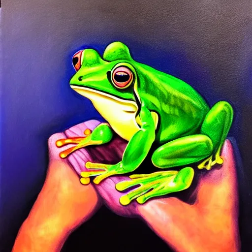 Prompt: alex jones holding a frog, frog, rainbow colors, oil on canvas