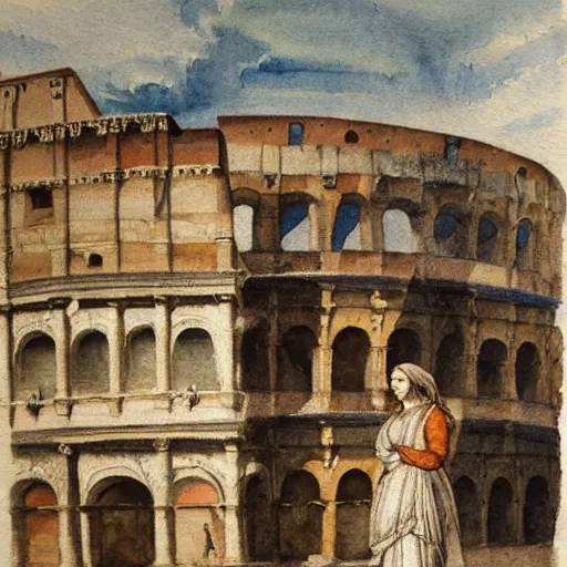 Image similar to a woman making lemonade in front of the colosseum, watercolor painting by da vinci, high detail, abstract