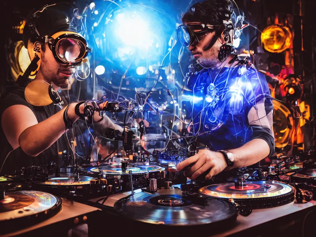 Image similar to a person wearing goggles and visor and headphones using a steampunk record player contraption, wires and tubes, turntablism dj scratching, intricate planetary gears, cinematic, imax, sharp focus, leds, bokeh, iridescent, black light, fog machine, hazy, lasers, hyper color digital art, cyberpunk