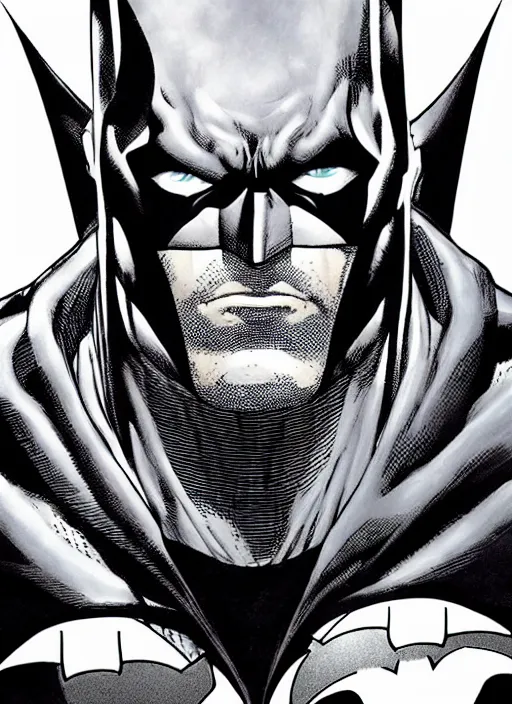 Image similar to portrait of the batman, black and white, by jim lee!