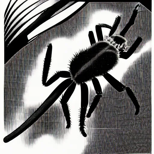 Image similar to book illustration of a tarantula with a machine gun. book illustration, monochromatic, white background, black and white image