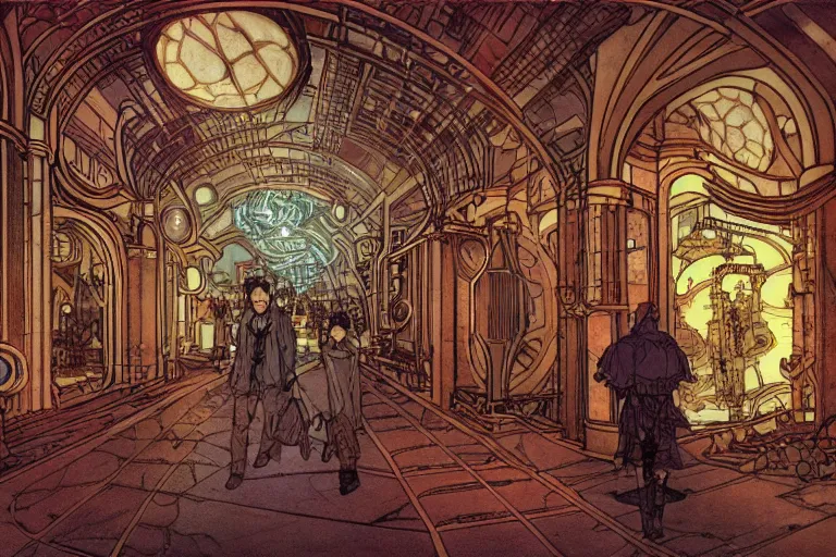 Prompt: front view on steampunk hallway, kid and mad scientist walking, giant video screens, sci - fi, big interior plants, retrofuturism, concept art by mucha and moebius and victo ngai, architecture by francois schuiten, clean line, diesel punk, artstation