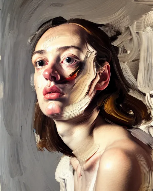 Image similar to a close up portrait a very ordinary young woman with a distracted expression, low angle, facing front, looking up, by Lucian Freud and Jenny Saville, oil painting, anatomically correct, beautiful perfect face, visible brushstrokes, sharp focus, Highly Detailed, Cinematic Lighting, 8k, HD