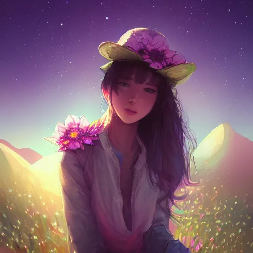 Image similar to close portrait cyber flower at the desert landscape at the night highly detailed, volumetric lighting, sharp focus, bokeh, trending on art station, digital painting by wlop, rossdraws, artgerm