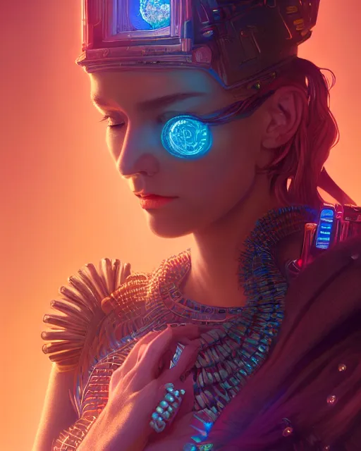 Image similar to highly detailed surreal vfx portrait of a cyberpunk queen in a majestic castle by golden tree, stephen bliss, unreal engine, greg rutkowski, loish, rhads, beeple, makoto shinkai and lois van baarle, ilya kuvshinov, rossdraws, tom bagshaw, alphonse mucha, global illumination, detailed and intricate environment