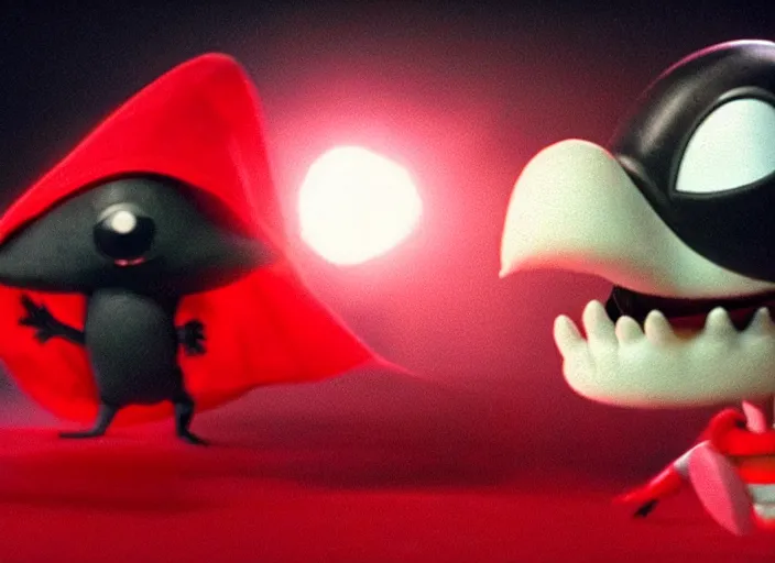 Image similar to film still of real life nibbler, a small black alien with a single antenna on his head, large eyes and 2 fangs wearing a diaper and red cape in the new scifi movie, 4 k