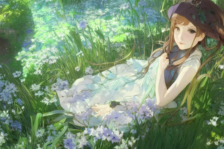 Image similar to a depressed digital art, loli in dress, garden, green and warm theme, blue accents, back lighting, highly detailed, 4 k resolution, trending on art station, by krenz cushart and mucha and akihito yoshida and greg rutkowski and makoto shinkai