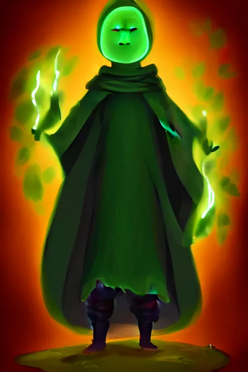 Image similar to A full body portrait of a cute shaman with no face, glowing eyes and a very long hooded dark green cloak of leaves in the style of Pixar, stylized