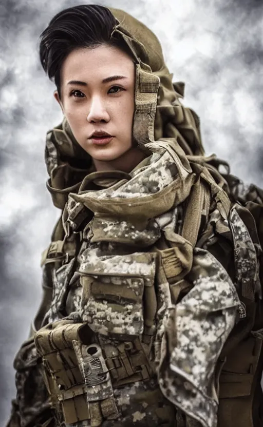 Image similar to portrait photo, highly detailed, high resolution, cosplay photo, stunning, ドールズフロントライン style, bokeh soft, shot on 70mm, zenithal lightning, trending on instagram, by award winning photographer, realistic human anatomy, real human faces, realistic military carrier, soldier clothing, modern warfare, empty hands, shot with a professional camera, low saturation, soldier clothing