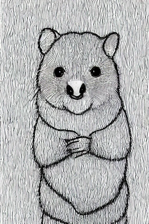 Image similar to portrait of a happy quokka, mcu, drawn with a single line, line drawing, art, minimalist, continuous line drawing, sakura pigma micron,