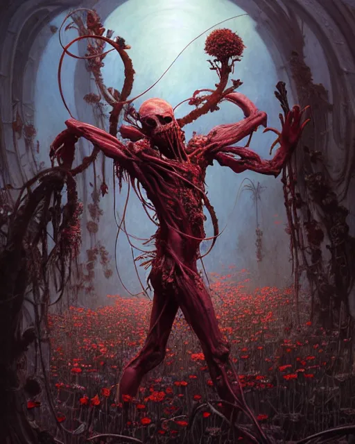 Image similar to the platonic ideal of flowers, rotting, insects and praying of cletus kasady carnage davinci dementor chtulu mandala ponyo dinotopia the witcher, fantasy, ego death, decay, dmt, psilocybin, concept art by randy vargas and greg rutkowski and ruan jia and zdzisław beksinski