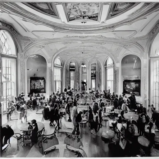 Prompt: A beautiful photograph of a large room with many people in it. There is a lot of activity going on, with people talking and moving around. The room is ornately decorated and there is a large window at one end. by Bruce Davidson