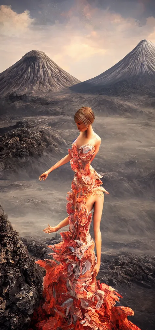 Image similar to a beautiful hyperrealistic ultradetailed 3D, one girl in a magnificent dress stands near a volcano, voge photo, fashion style, fullbody, in full growth, photorealistic, high resolution, trending on artstation, highly detailed, volumetric lighting,artstation, concept art, master illustration, elegant, details, good clear quality, volumetric lighting,