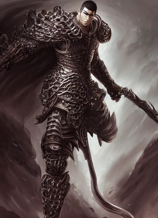 Prompt: a highly detailed illustration of guts from berserk, heroic furious standing pose, intricate, elegant, highly detailed, centered, digital painting, artstation, concept art, smooth, sharp focus, league of legends concept art, wlop.