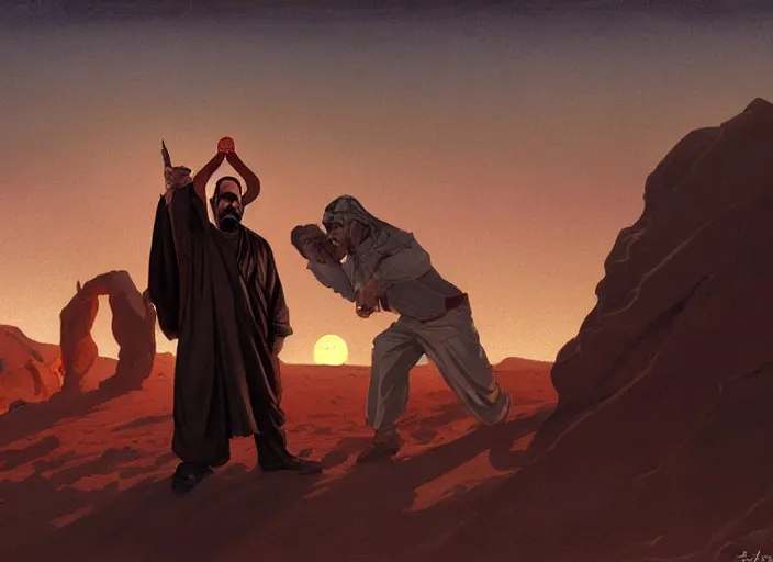 Image similar to portrait of saddam hussein making a blood sacrifice, chilling desert landscape lit by blood moon, painting by sargent and leyendecker, studio ghibli, fantasy, medium shot, asymmetrical, intricate, elegant, matte painting, hearthstone, crimson gradient, by greg rutkowski and greg tocchini and james gilleard and joe fenton and greg manchess