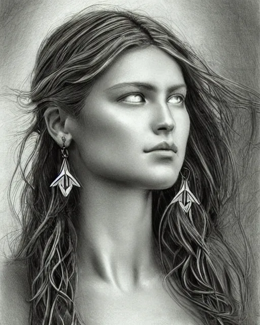 Prompt: pencil drawing of a beautiful greek goddess aphrodite wearing a laurel wreath and arrowhead earrings, beautiful confident and piercing eyes, beautiful flowing hair, hyper realistic face, in the style of greg rutkowski, fantasy, amazing detail, epic, elegant, smooth, sharp focus, from the front