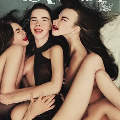 Prompt: stunning vogue magazine photo of dark - haired goddesses vanessa kirby, hailee steinfeld, and bjork smiling, legs intertwined, laying back on the bed, surrounded by adult toys, with wet faces!!, wet lips, smooth skin, perfect eyes, insanely detailed, elegant, by wlop, rutkowski, livia prima, mucha, wlop,