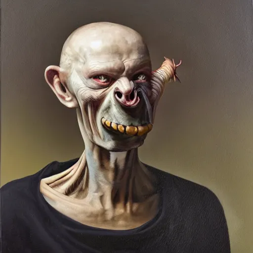 Image similar to oil painting by christian rex van minnen of a portrait of an extremely bizarre disturbing mutated man with proteus syndrome shiny bulbous intense chiaroscuro lighting perfect composition