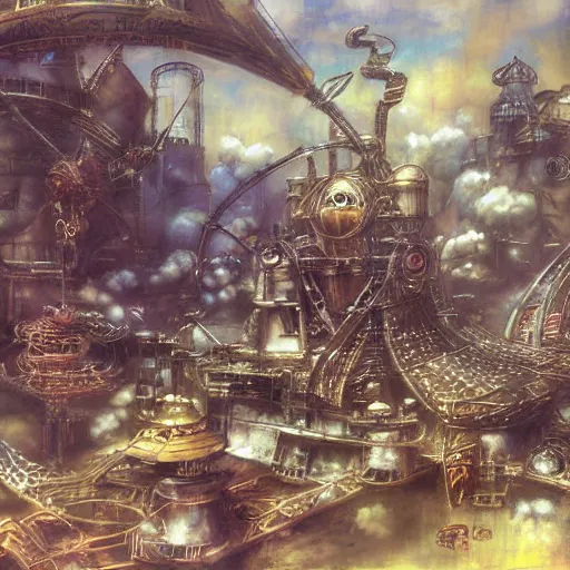 Image similar to painted conceptual art from from final fantasy 7 from the steam punk city midgard as backdrop, by master artist yoshitaka amano