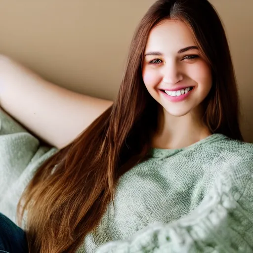 Image similar to a cute young woman smiling, long shiny bronze brown hair, full round face, green eyes, medium skin tone, light cute freckles, smiling softly, wearing casual clothing, relaxing on a modern couch, interior lighting, cozy living room background, medium shot, mid-shot, soft focus