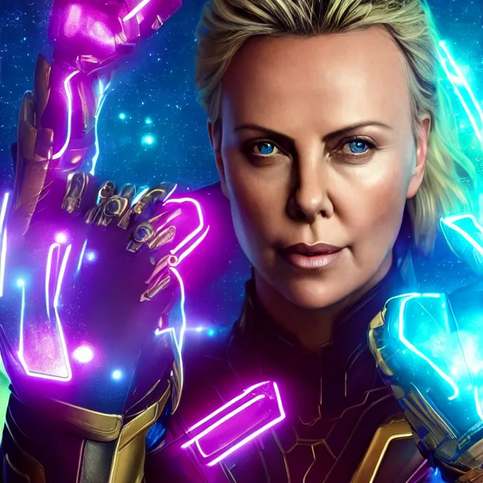 Image similar to portrait of ((((Charlize Theron)))), wearing The Infinity Gauntlet. SNAP. intricate artwork. octane render, trending on artstation, very coherent symmetrical artwork. avengers. thanos. cinematic, hyper realism, high detail, octane render, 8k, iridescent accents