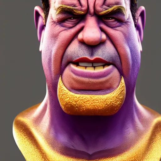 Image similar to a portrait of abdelfattah alsisi as thanos, the pixar adaptation, with same hairstyle, angry facial expressions, hyper detailed, digital art, trending in artstation, cinematic lighting, studio quality, smooth render, unreal engine 5 rendered, octane rendered