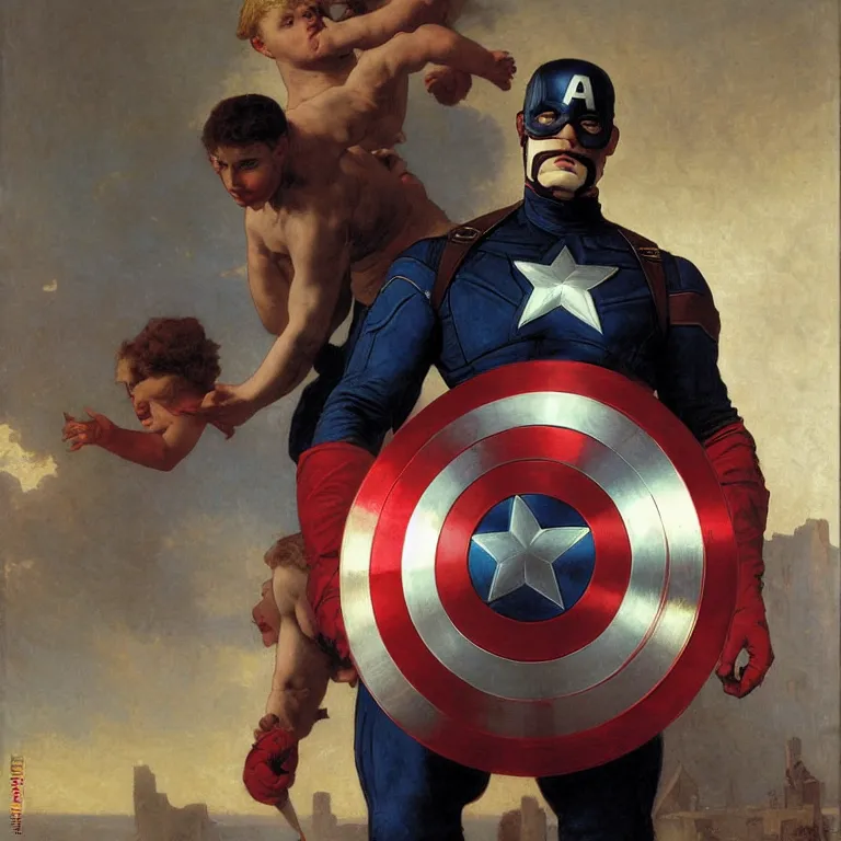 Prompt: Captain America with Marvel comics with his mask on by William Adolphe Bouguereau