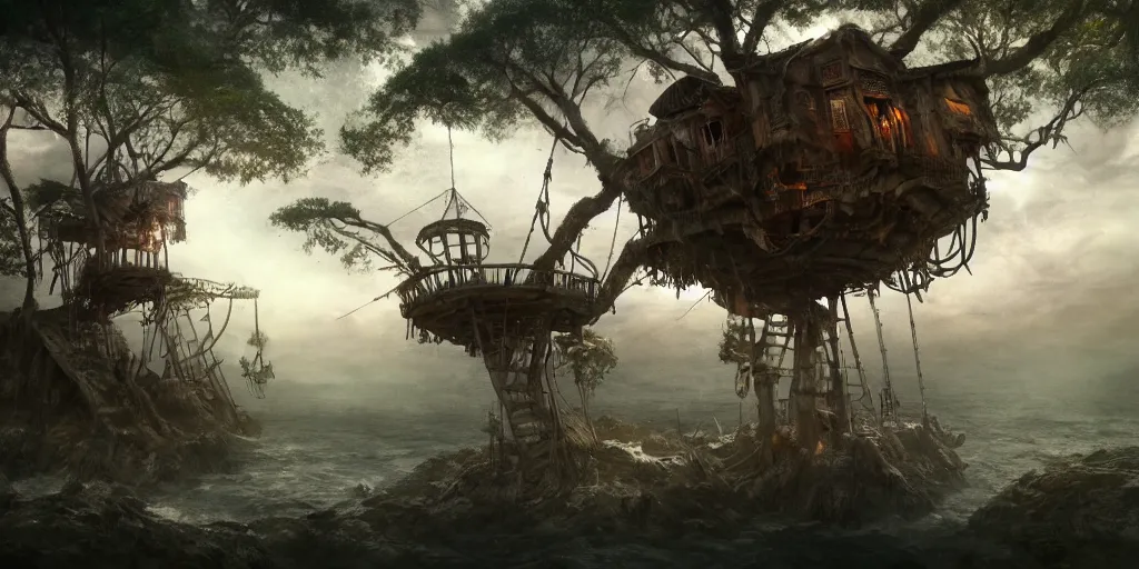 Image similar to A treehouse made out of a derelict pirate ship, torn sails, cargo net, crows nest, the treetops of giant oaks, game art matte painting hyperdetailed, artstation, cgsociety, 8k, surreal dream landscape