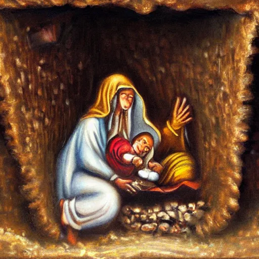 Prompt: a still live of a nativity scene in a nook by Robert Chailloux, oil on masonite