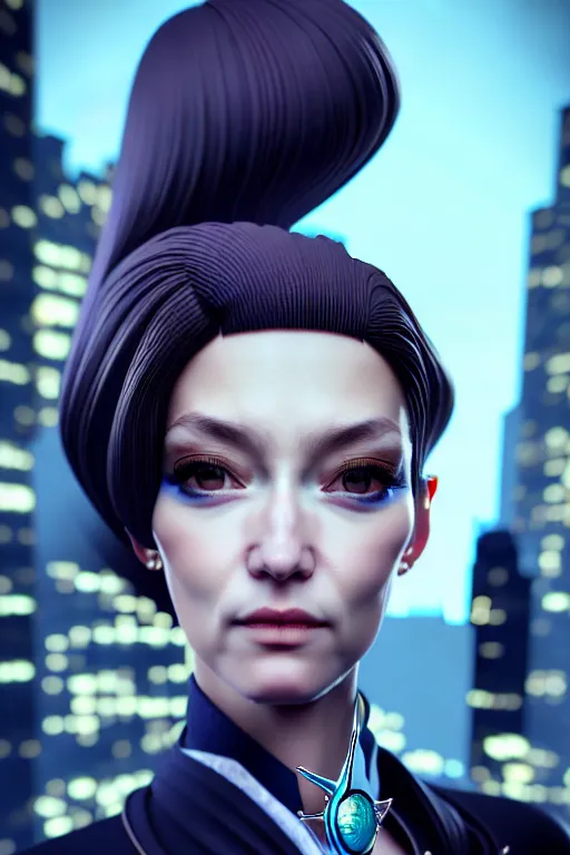 Image similar to hyperdetailed very close portrait of a european thirty years old woman in an elegant suit with a pin in a city inspired by ross tran and wlop and masamune shirow and kuvshinov, concept art, intricate, photorealistic, octane render, rtx, hdr, unreal engine, dnd digital art by artgerm fine face