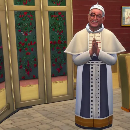 Image similar to The pope being confused in sims 4, gameplay footage