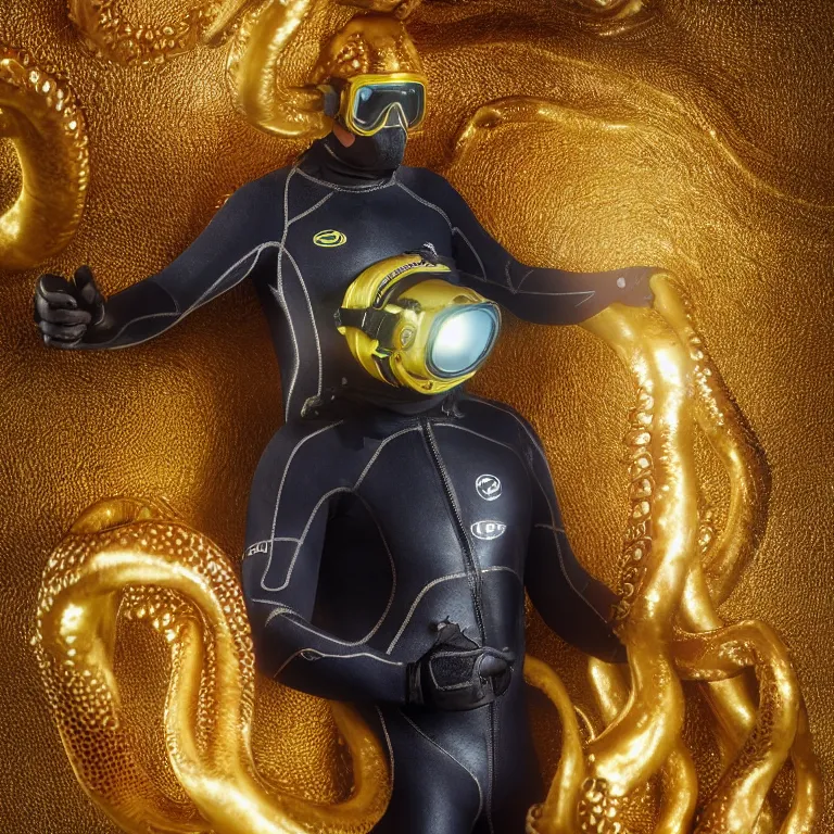 Image similar to octane render portrait by wayne barlow and carlo crivelli and glenn fabry, subject is a diver in a wet suit with goggles completely covered in giant long shiny reflective golden octopus tentacles, cinema 4 d, ray traced lighting, very short depth of field, bokeh