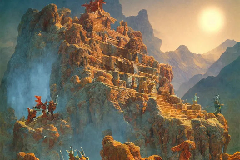 Image similar to skeletons attacking a tibetian temple in the mountains, beautiful day, concept art, beautiful, by maxfield parrish, by gustave dore, by peter mohrbacher, sharp focus, vivid color, rainbowshift, octane render, cgi, rule of thirds