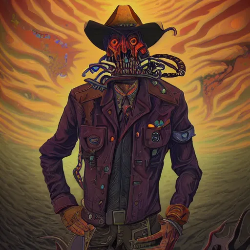 Prompt: digital painting of a corrupted eldritch cowboy by Dan Mumford, hyperdetailed, trending on Artstation