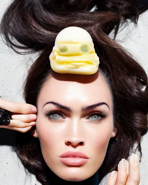 Image similar to mayonnaise in the shape of a human face, human face made out of mayonnaise, megan fox made out of mayonnaise!!!!!, professional food photography, unreal engine