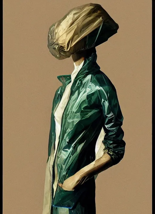 Prompt: beautiful woman in a translucent bomber jacket made from plastic bag with paper bags for clothes standing inside paper bags with paper bag over the head at store display Edward Hopper and James Gilleard, Zdzislaw Beksinski, highly detailed