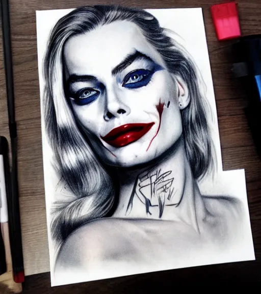 Image similar to tattoo design sketch of beautiful margot robbie portrait with joker makeup, in the style of den yakovlev, realistic face, black and white, faded outline, realism tattoo, hyper realistic, highly detailed