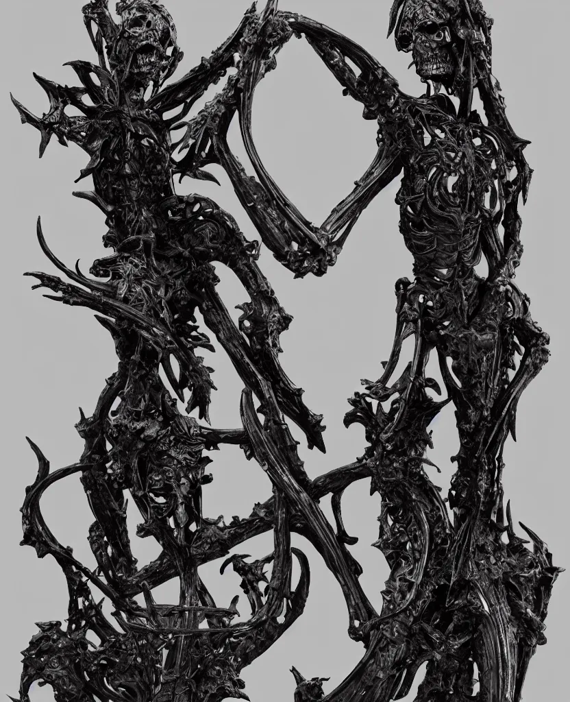 Prompt: a single filigree ornamental medieval iron and black bronze sculpture with skeletal features, cinematic light, art by (((wayne barlowe))), hr giger, hedi xandt, foggy, dimly lit, artstation, 3D rendering,